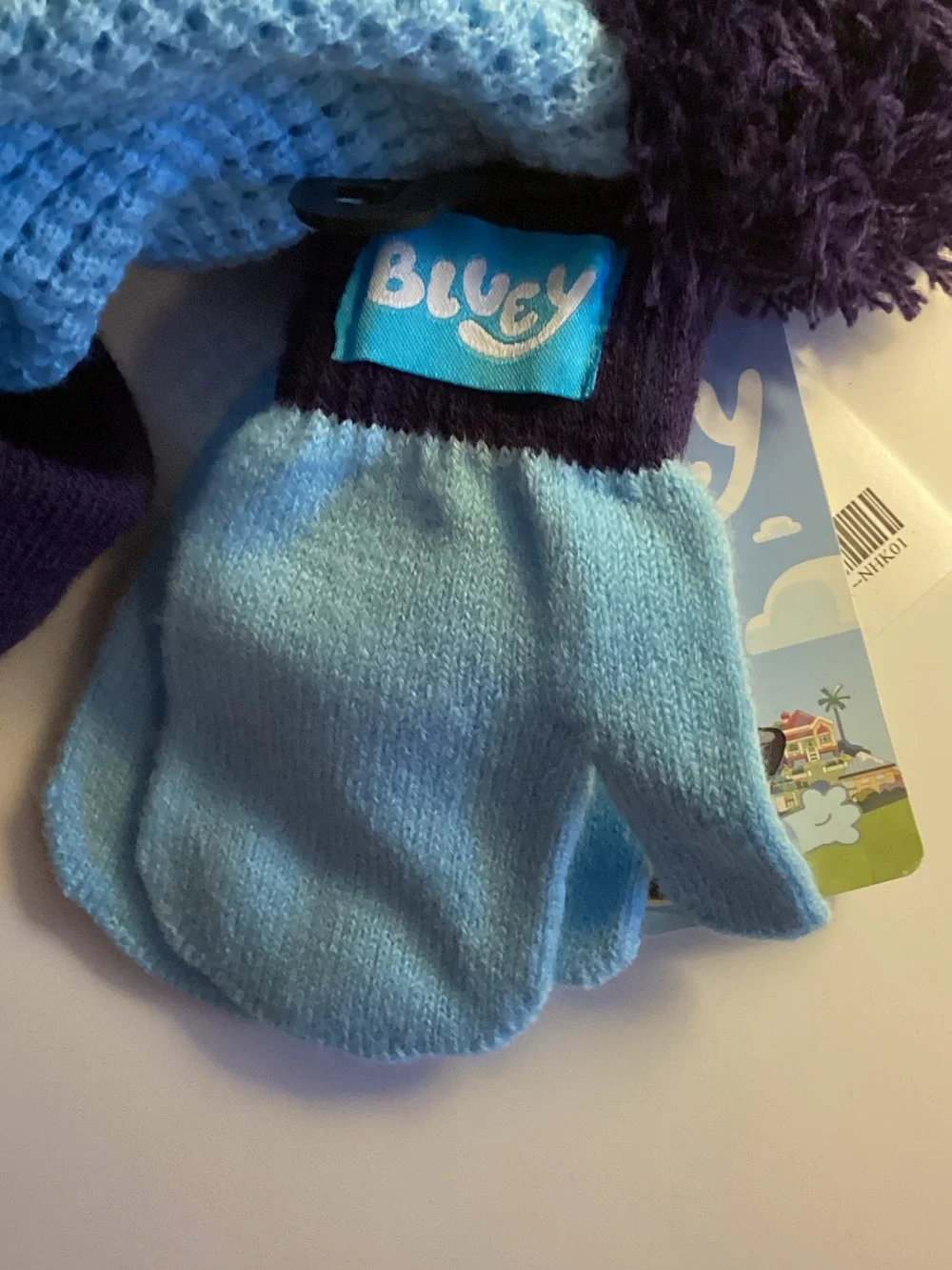 Berkshire Light Blue and Navy Kids Knit Beanie with Pom and Cartoon Patch